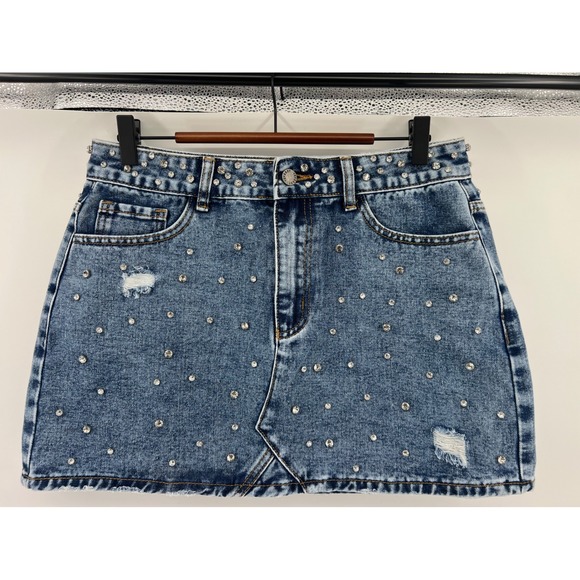 VEVERET Denim Skirt Rhinestone Embellished Distressed Mini Skirt Womens L - Picture 2 of 6